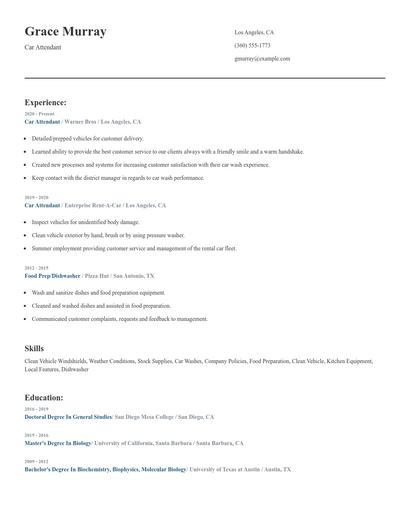 Car Attendant Resume