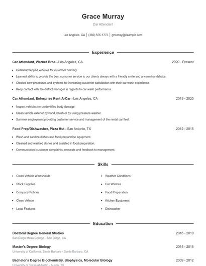 Car Attendant Resume