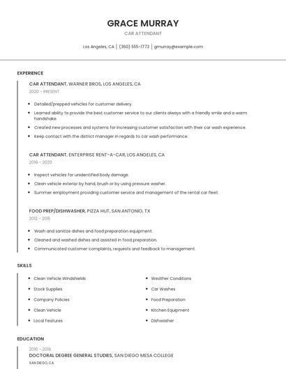 Car Attendant Resume