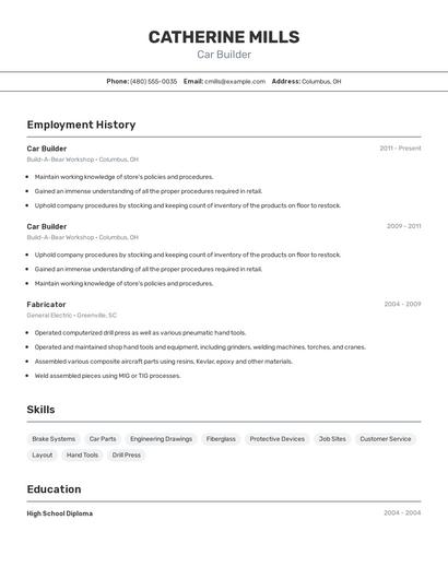 Car Builder Resume