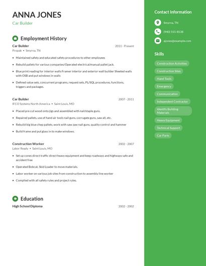 Car Builder Resume