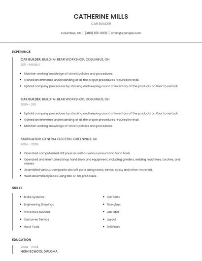 Car Builder Resume
