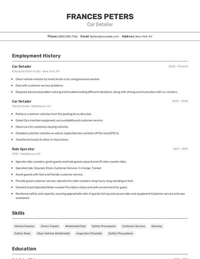 Car Detailer Resume