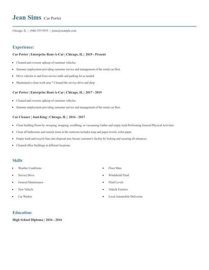 Car Porter Resume