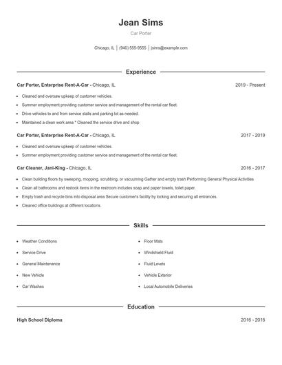 Car Porter Resume