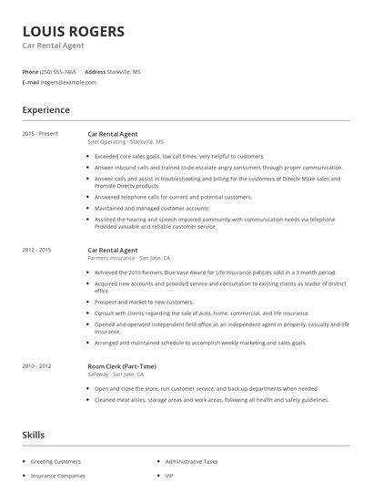 Car Rental Agent Resume