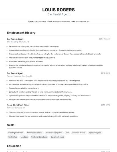 Car Rental Agent Resume