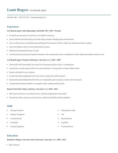 Car Rental Agent Resume