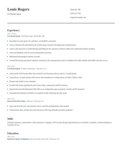 Car Rental Agent Resume