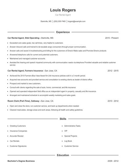 Car Rental Agent Resume