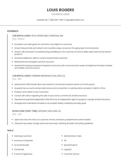 Car Rental Agent Resume