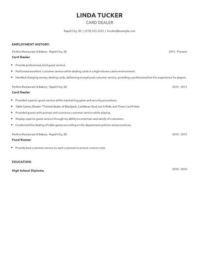 Card Dealer Resume