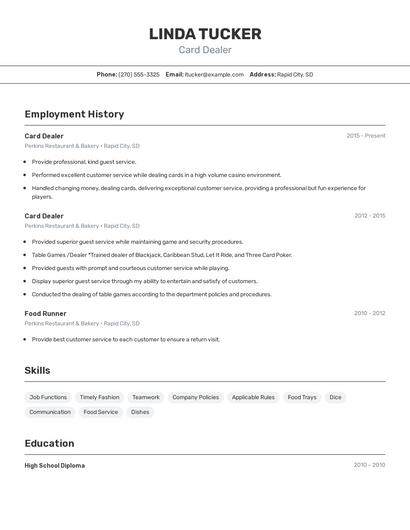 Card Dealer Resume