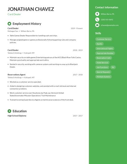 Card Dealer Resume