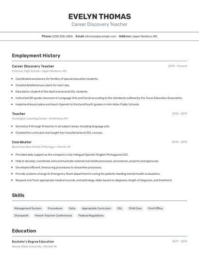 Career Discovery Teacher Resume