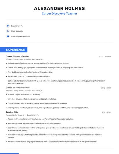 Career Discovery Teacher Resume