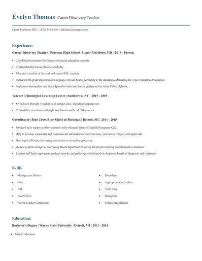 Career Discovery Teacher Resume