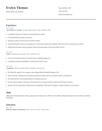 Career Discovery Teacher Resume