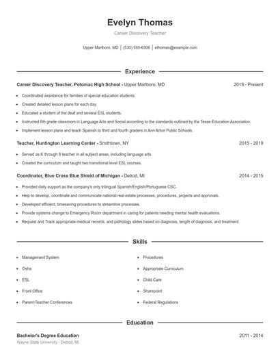 Career Discovery Teacher Resume