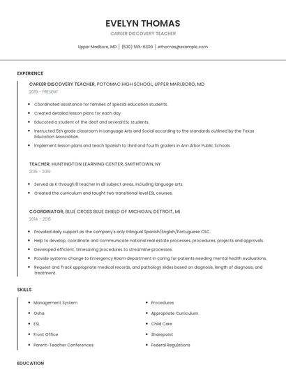 Career Discovery Teacher Resume
