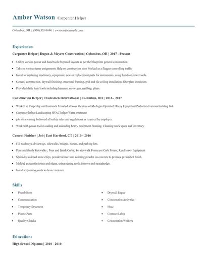 Carpenter Helper Resume