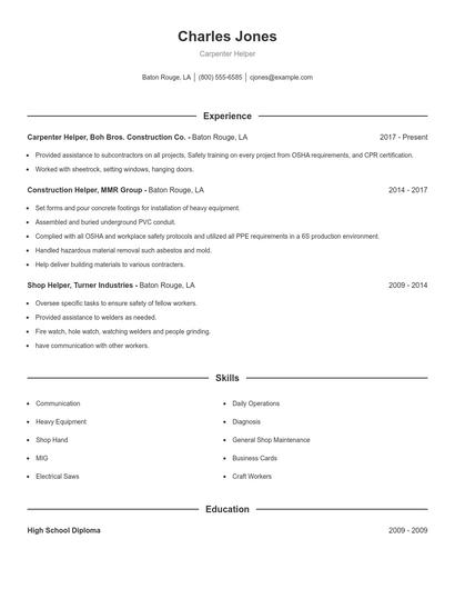 Carpenter Helper Resume