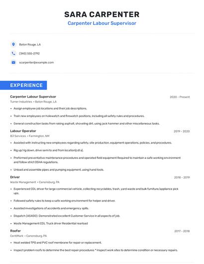 Carpenter Labour Supervisor Resume