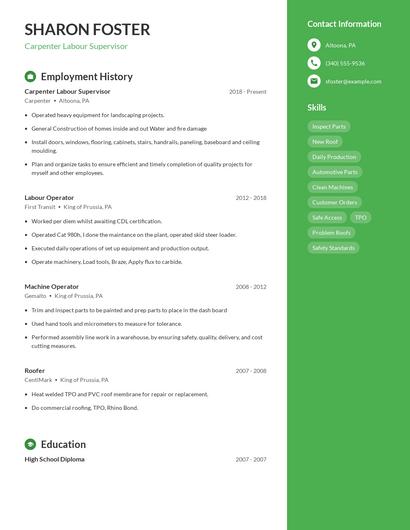 Carpenter Labour Supervisor Resume
