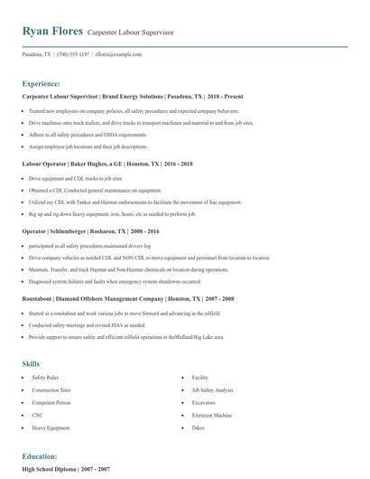 Carpenter Labour Supervisor Resume