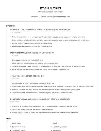 Carpenter Labour Supervisor Resume
