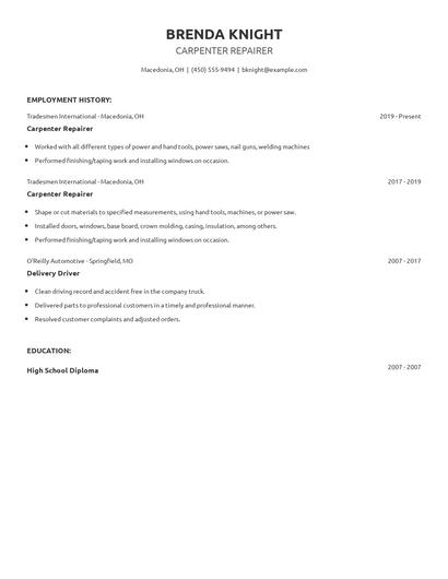 Carpenter Repairer Resume