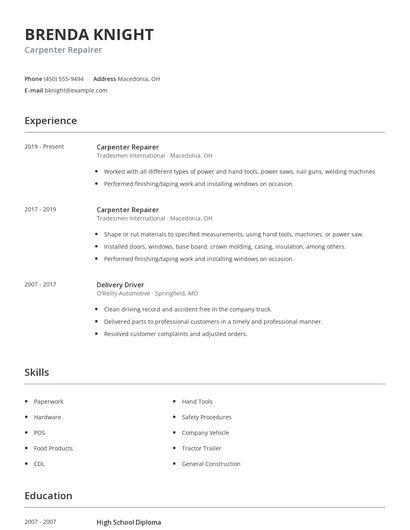 Carpenter Repairer Resume