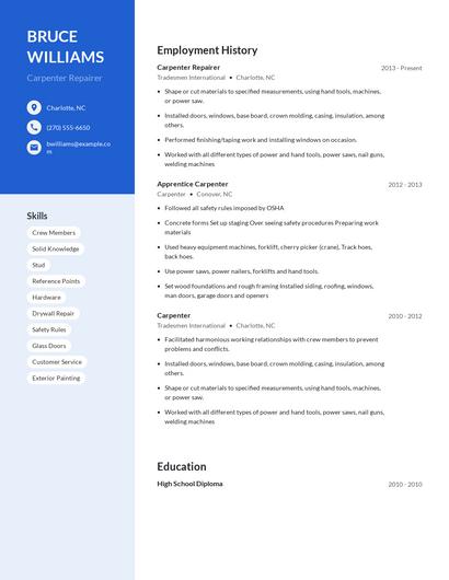 Carpenter Repairer Resume