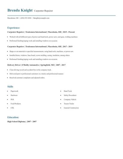 Carpenter Repairer Resume