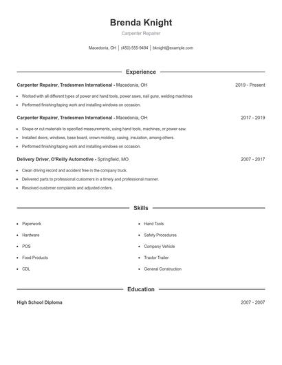 Carpenter Repairer Resume