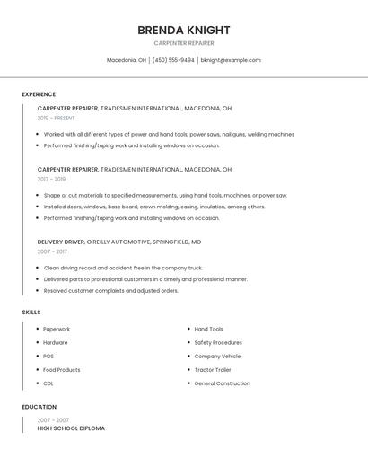 Carpenter Repairer Resume