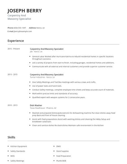 Carpentry And Masonry Specialist Resume