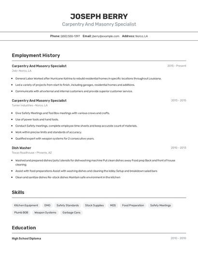 Carpentry And Masonry Specialist Resume