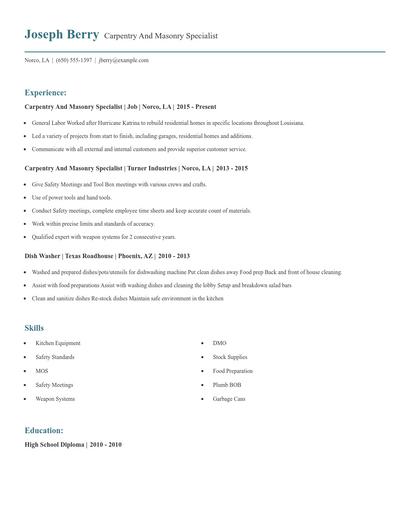 Carpentry And Masonry Specialist Resume