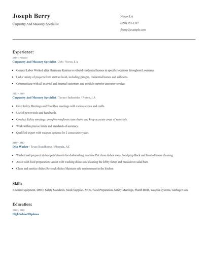 Carpentry And Masonry Specialist Resume