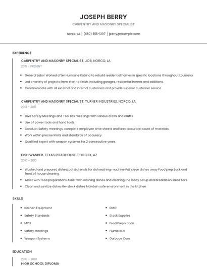 Carpentry And Masonry Specialist Resume