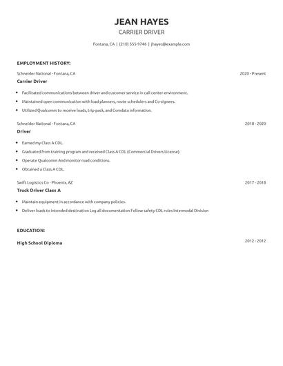 Carrier Driver Resume