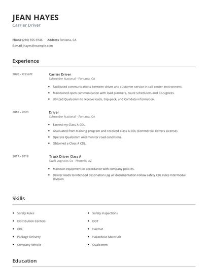 Carrier Driver Resume