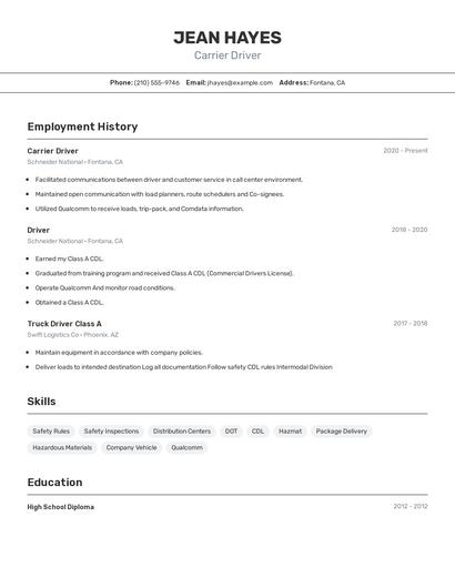 Carrier Driver Resume