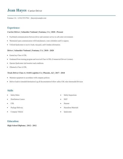 Carrier Driver Resume