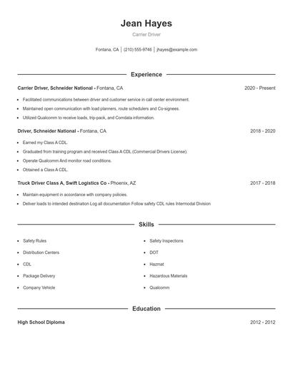 Carrier Driver Resume