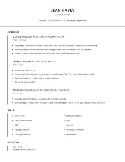 Carrier Driver Resume