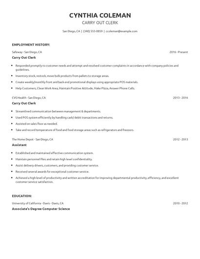 Carry Out Clerk Resume