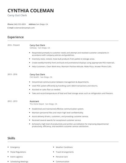 Carry Out Clerk Resume