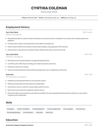 Carry Out Clerk Resume
